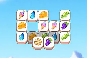 Conjunto de fichas blancas con dibujos de rebanadas de pastel, gotas de agua y uvas sobre un fondo de cielo azul