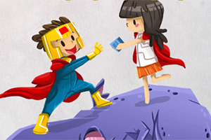 Un niño disfrazado de superhéroe con capa roja y casco dorado sonríe y alza la mano hacia una niña con cabello oscuro que sostiene un libro y también lleva una capa roja, ambos parados sobre una superficie púrpura