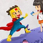 Un niño disfrazado de superhéroe con capa roja y casco dorado sonríe y alza la mano hacia una niña con cabello oscuro que sostiene un libro y también lleva una capa roja, ambos parados sobre una superficie púrpura