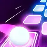 Esfera blanca sobre una pista de plataformas iluminadas en tonos morados y azules