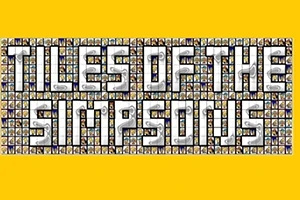 Texto grande que dice Tiles of the Simpsons sobre un fondo de mosaicos pequeños con personajes, enmarcado por un fondo amarillo