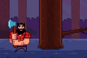 Hombre pixelado con barba y camisa roja sostiene un hacha frente a un árbol en un bosque oscuro