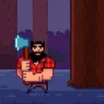 Hombre pixelado con barba y camisa roja sostiene un hacha frente a un árbol en un bosque oscuro