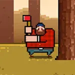 Un personaje pixelado con camisa roja y un hacha se prepara para talar un árbol en un bosque