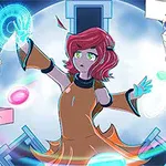 Una chica con cabello rojo interactúa con un holograma azul rodeada de criaturas flotantes en un entorno futurista