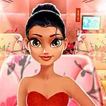 Mujer animada con vestido rojo sentada en un tren decorado con motivos florales