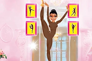 Una bailarina con un leotardo marrón realizando una extensión de pierna en una habitación rosa decorada con cuadros de siluetas de baile