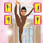 Una bailarina con un leotardo marrón realizando una extensión de pierna en una habitación rosa decorada con cuadros de siluetas de baile