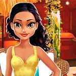 Mujer de cabello oscuro y vestido amarillo sentada frente a un fondo cálido con estantes que contienen maquillaje