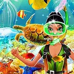 Personaje buceando con snorkel rodeado de vida marina colorida como tortugas, peces, medusas y estrellas de mar