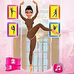 Bailarina con traje marrón en pose de ballet frente a un fondo rosado adornado con flores y mosaicos de colores