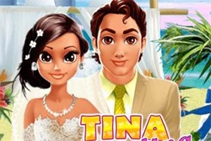 Pareja animada vestida de novios frente a un fondo tropical