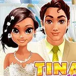 Pareja animada vestida de novios frente a un fondo tropical