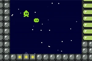 Dos figuras verdes pixeladas flotan en un espacio oscuro estrellado, rodeadas por un marco de bloques grises