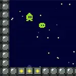 Dos figuras verdes pixeladas flotan en un espacio oscuro estrellado, rodeadas por un marco de bloques grises