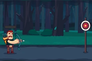Arquero con barba apuntando a una diana en un bosque oscuro