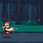 Arquero con barba apuntando a una diana en un bosque oscuro