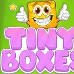 Dibujo de un personaje cuadrado amarillo sonriente con pulgares arriba sobre fondo verde, acompañado de texto TINY BOXES en letras grandes y rosadas