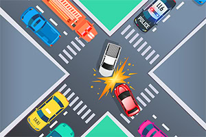 Colisión entre dos autos en una intersección con otros vehículos alrededor, incluyendo un taxi, una patrulla y un camión de bomberos