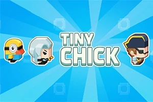 Tres personajes de estilo caricaturesco junto al texto Tiny Chick sobre un fondo azul con rayos