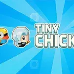 Tres personajes de estilo caricaturesco junto al texto Tiny Chick sobre un fondo azul con rayos