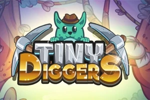 Un personaje verde con sombrero y orejas de zorro sostiene dos picos, rodeado del texto Tiny Diggers en un bosque colorido
