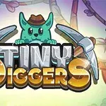 Un personaje verde con sombrero y orejas de zorro sostiene dos picos, rodeado del texto Tiny Diggers en un bosque colorido