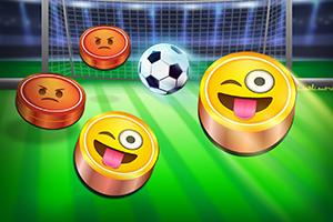 Emojis con expresiones de enojo y alegría junto a un balón de fútbol frente a una portería en un campo iluminado