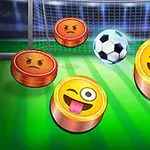 Emojis con expresiones de enojo y alegría junto a un balón de fútbol frente a una portería en un campo iluminado