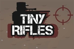 Silueta de un soldado con casco y rifle junto al texto Tiny Rifles sobre un fondo marrón con un objetivo de tiro