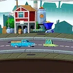 Una carretera curvada con varios autos de colores frente a un pequeño edificio rojo y árboles en el fondo