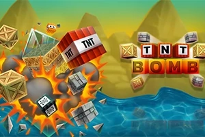 Explosión colorida de cajas y bloques de TNT frente a un paisaje de montañas y agua