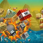 Explosión colorida de cajas y bloques de TNT frente a un paisaje de montañas y agua