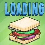 Un sándwich con varios ingredientes y la palabra LOADING en letras azules sobre un fondo verde
