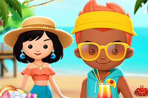 Dos personajes caricaturescos en la playa, una mujer con sombrero de paja y blusa rosa y un hombre con gorra y lentes amarillos, con el mar de fondo y una bebida tropical al frente