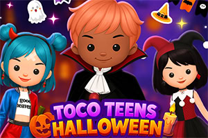 Tres personajes estilo caricatura con disfraces de Halloween, calabaza, fantasmas y decoraciones festivas sobre fondo morado