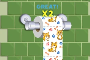 Papel higiénico con dibujos de perros y huesos en un soporte plateado frente a un fondo de azulejos verdes