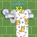 Papel higiénico con dibujos de perros y huesos en un soporte plateado frente a un fondo de azulejos verdes