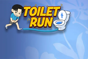Un personaje animado con expresión de urgencia junto a un inodoro y el texto Toilet Run en un fondo azul