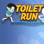 Un personaje animado con expresión de urgencia junto a un inodoro y el texto Toilet Run en un fondo azul