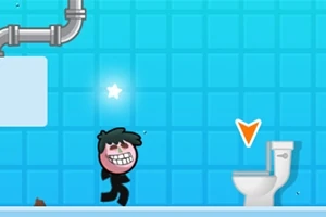 Un personaje sonriente camina hacia un inodoro en un ambiente de baño con azulejos azules