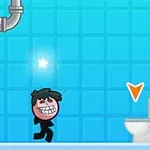 Un personaje sonriente camina hacia un inodoro en un ambiente de baño con azulejos azules