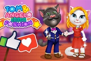 Dos gatos animados, uno negro con traje azul y otro blanco con vestido rojo, posan juntos sobre un fondo colorido con íconos de redes sociales
