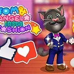 Dos gatos animados, uno negro con traje azul y otro blanco con vestido rojo, posan juntos sobre un fondo colorido con íconos de redes sociales