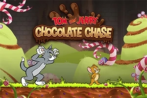 Tom and Jerry: Chocolate Chase Un gato y un ratón corren en un paisaje de colinas de chocolate y dulces, con un letrero que dice Chocolate Chase en la parte superior