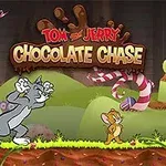 Tom and Jerry: Chocolate Chase Un gato y un ratón corren en un paisaje de colinas de chocolate y dulces, con un letrero que dice Chocolate Chase en la parte superior