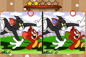 Gato persiguiendo a un ratón animado en dos imágenes casi idénticas con diferencias señaladas por círculos rojos