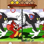Gato persiguiendo a un ratón animado en dos imágenes casi idénticas con diferencias señaladas por círculos rojos