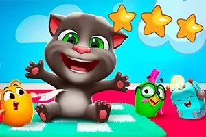 Un gato animado sonriente con tres estrellas doradas en el fondo y tres aves coloridas a su alrededor
