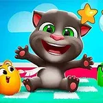 Un gato animado sonriente con tres estrellas doradas en el fondo y tres aves coloridas a su alrededor